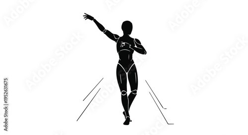 Sleek Futuristic Female Robot Silhouette Striding Forward with Raised Arm, Symbolizing AI and Technological Advancement
