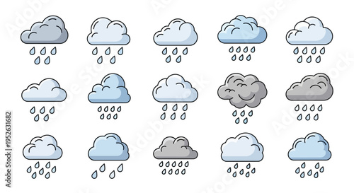 Weather Forecast Cloud Rain Symbols Icons.
