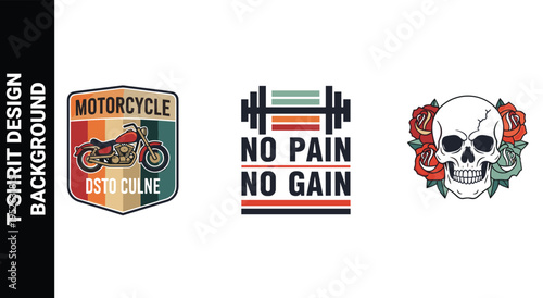 Motorcycle badge and fitness barbell with skull and roses emblem collection