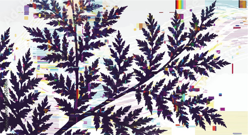 Abstract Fern Silhouette with Vibrant Digital Glitch Effects and Pixelated Distortion