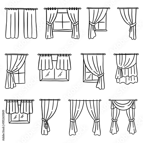 Hand Drawn Curtain Window Doodle Icon Set Home Interior Drapes Collection