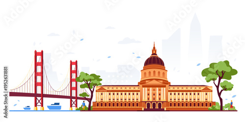 Golden Gate & City Hall - Colorful Flat Design Illustration