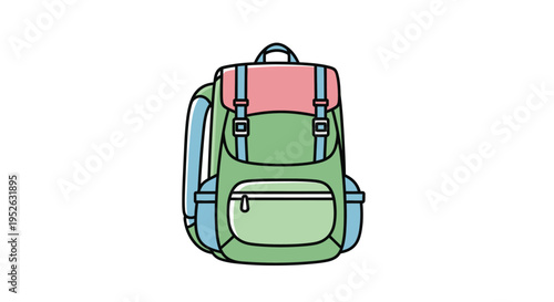 Colorful backpack with multiple pockets.
