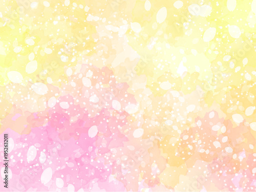 春の桜イメージのテクスチャー背景素材。満開の桜並木や桜吹雪とあたたかい陽射しの水彩風イメージ。キラキラした光の粒子。やさしい春の雰囲気。