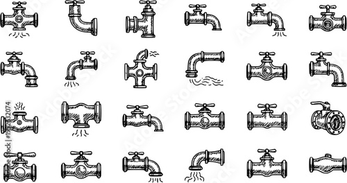 Hand-drawn Sketch Icons Set: Vintage Water Taps, Faucets, Plumbing Pipe Fittings, Valves, and Leaks Collection  Retro Style Design Elements