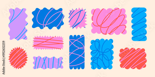 Set of abstract geometric shapes with wavy and zigzag edges and hand drawn lines. 