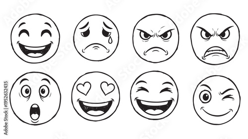 Hand-Drawn Circular Emoji Vector Icon Set Featuring Diverse Facial Expressions and Emotional Character Moods