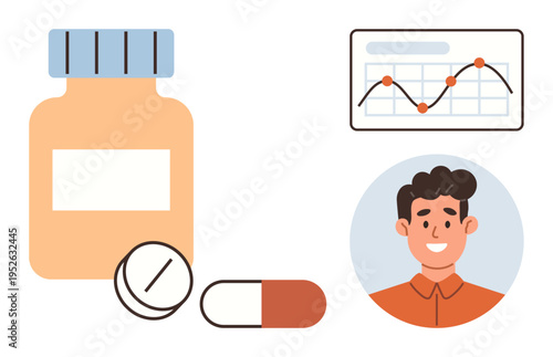 Healthcare, medication tracking, wellness monitoring, treatment planning, pharmaceutical analysis, medication adherence. Bottle of pills, smiling individual chart. Healthcare and medication tracking