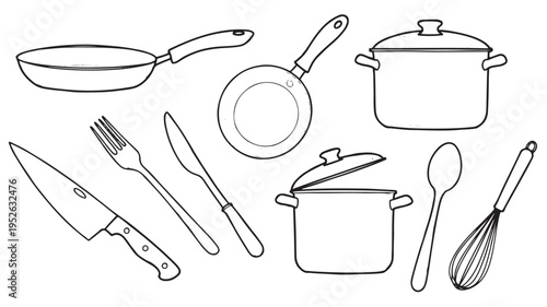 Hand-Drawn Kitchenware Vector Set Featuring Cooking Pots Frying Pans and Stainless Steel Cutlery Icons