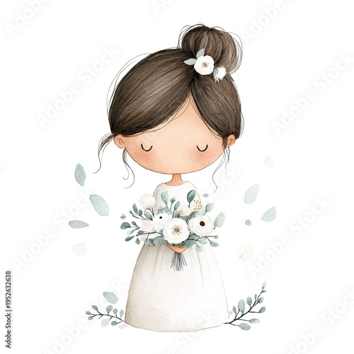 A cute cartoon girl stands with her eyes closed, holding a bouquet of flowers. She is dressed in a simple white dress. Flowers are scattered around her in a watercolor style