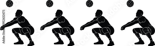 Volleyball player silhouette, squatting position, receiving ball, bump technique illustration, sports training vector, athletic graphic design, team sport art