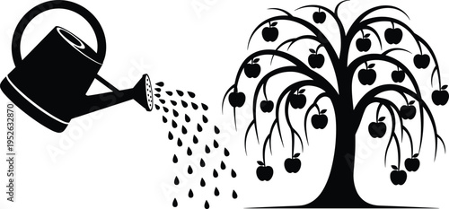 Watering can silhouette, apple tree vector, gardening illustration design, growth and care icon, agriculture graphic art, nurturing plant symbol, farming concept