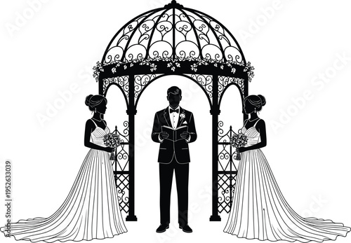 Wedding ceremony silhouette with two brides and officiant under gazebo, marriage celebration with floral bouquets and intricate garden altar vector.