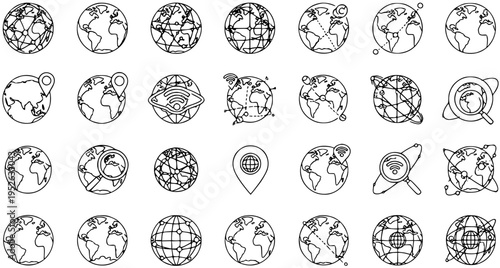 Global network and internet technology outline icons. Earth globe with communication, location, and search symbols for modern digital concepts.