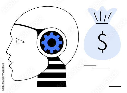 Artificial intelligence, financial technology, innovation, automation, machine learning, economy. Profile of robot with gear in its head next to a money bag. Artificial intelligence and financial