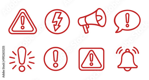 Set of Red Warning and Alert Icons in Minimal Outline Style on White Background