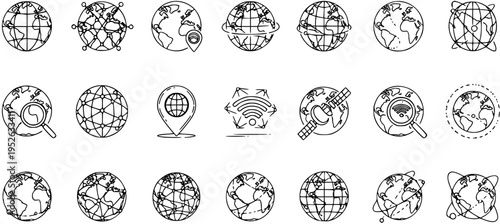 Set of diverse line art icons featuring globes, representing global network, internet, connectivity, location, and technology concepts in a modern outline style.