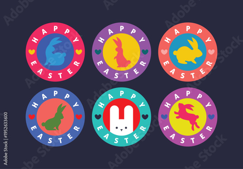 Colorful Easter label sticker set flat design bunny illustrations arranged as a collection. Clean layout on simple background ideal for packaging, branding, seasonal marketing, kids activity materials