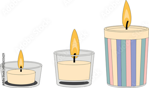 Three lit candles in glass and striped containers, cozy decorative flame illustration showing size variation for home decor design