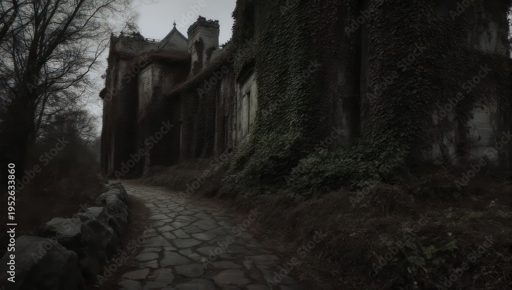 Fototapeta premium Eerie Stone Path Leading to a Dark, Gothic Mansion.
