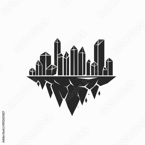 Abstract geometric city skyline on a floating island silhouette. Minimalist vector illustration of an imaginary crystal metropolis.