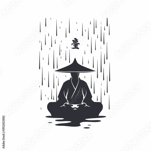 Meditating Asian Warrior or Monk Silhouette in Traditional Conical Hat Under Rain, Zen Spirituality Design