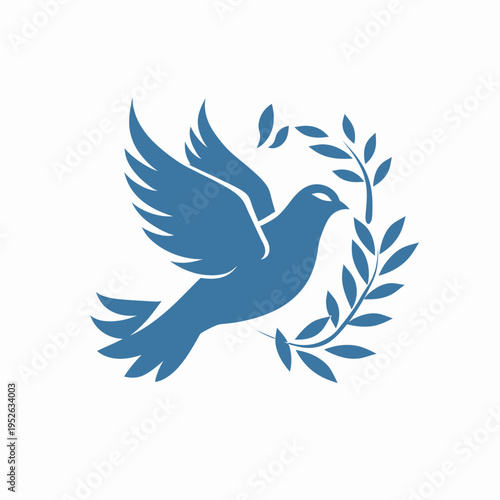 Stylized blue dove carrying an olive branch, a universal symbol of peace, hope, and freedom. Vector illustration.