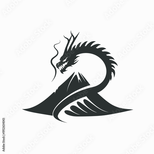 Powerful black dragon silhouette with stylized mountain graphic. Mythological creature illustration, Asian inspired fantasy art.
