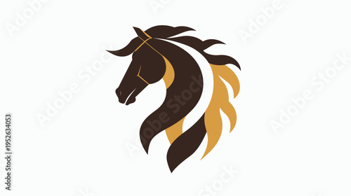 Elegant stylized horse head illustration with flowing mane in dark brown and gold, powerful equine graphic design element