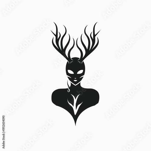 Mysterious forest spirit silhouette with majestic deer antlers and masked face, a fantasy nature creature illustration