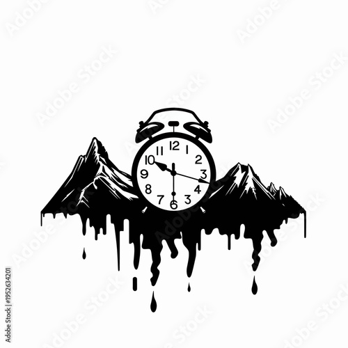 Melting Time Alarm Clock and Mountain Silhouette Vector. Abstract Design Representing Urgency, Change, and Flow of Time.
