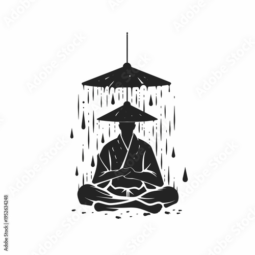 Serene Asian figure meditating in a rain shower under a conical hat, minimalist vector illustration representing tranquility and peace.