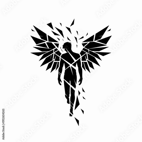 Abstract fragmented human silhouette with shattered wings, symbolic art of freedom, transformation, and inner strength