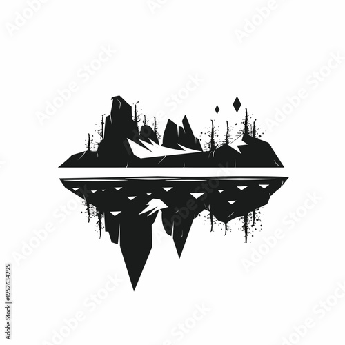 Abstract Inverted Mountain Landscape Illustration with Reflection. Surreal Black and White Floating Island Graphic Design Element, Fantasy Concept.