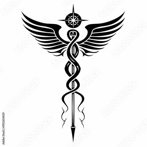 Vector illustration of a stylized winged staff with intertwined serpents and a compass rose, symbolizing guidance and journey.