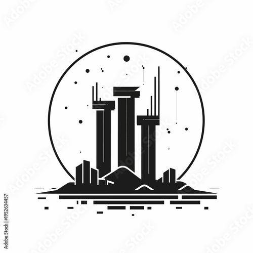 Modern minimalist black and white abstract cityscape illustration with tall architectural structures within a circle, urban concept.