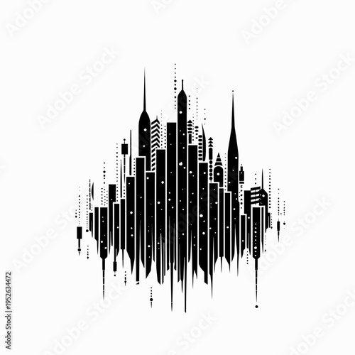 Modern abstract cityscape silhouette with digital glitch effect, urban skyline illustration in black and white graphic style.