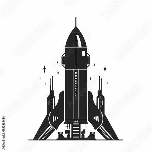 Black and white vector illustration of a powerful space rocket, symbolizing interstellar travel, innovation, and cosmic exploration.