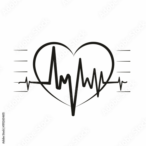 Black and white heart symbol with an electrocardiogram (ECG) heartbeat line. Medical, healthcare, love, and life concept graphic.