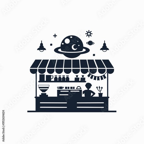 Stylized Space-Themed Coffee Shop Stall Illustration with Barista, Planets, Stars, and Beverage Service