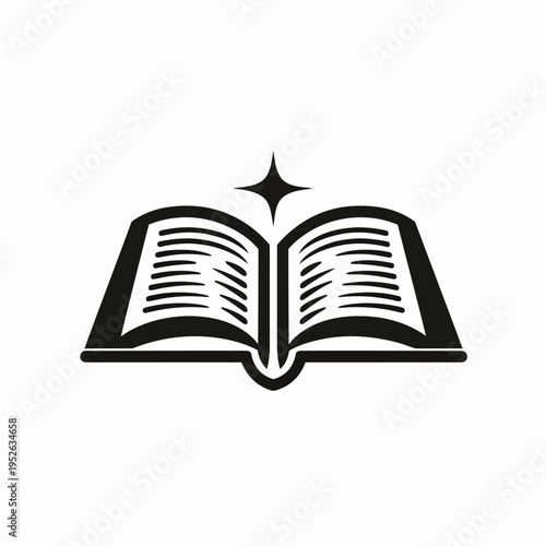 Open book icon with sparkling star. Symbol of knowledge, wisdom, education, magic, and literature. Vector graphic illustration.