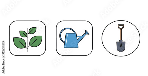 Gardening tools and plant icons in minimalist line style for landscaping and gardening website