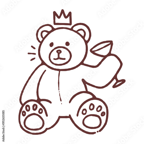 Cute Bear Doll Wearing a Crown and Holding a Drink for Whimsical Children Product Design.