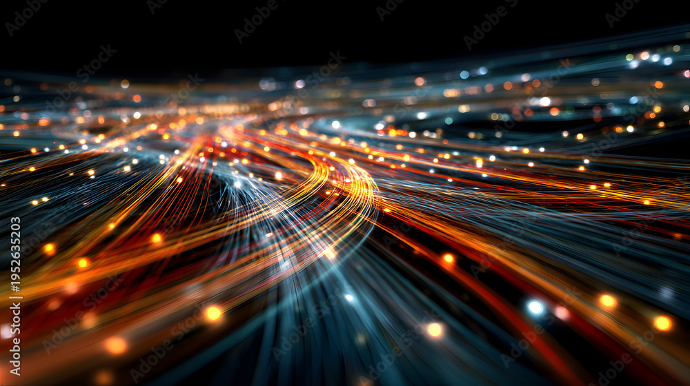 Fototapeta premium A vibrant digital illustration of glowing lines and dots on a dark background