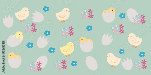 easter seamless pattern with cute chicks and flowers