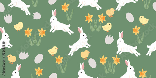 Whimsical easter animals and flowers seamless design with white rabbits, chicks and daffodils