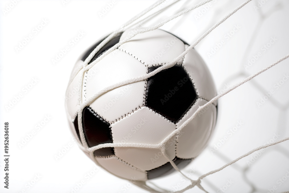 Naklejka premium Soccer ball hitting goal net isolated on white background