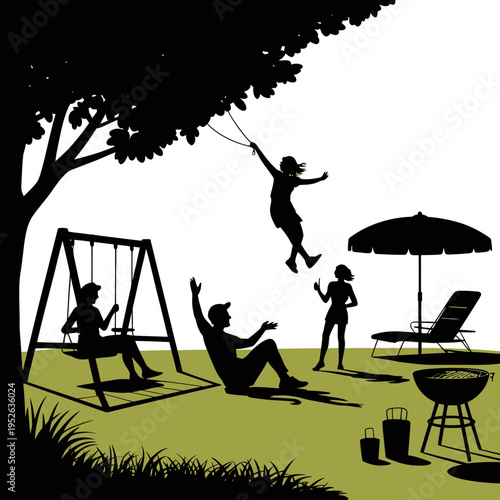A silhouette illustration of a family enjoying a backyard barbecue