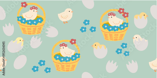 Cute chicks and baskets with flowers spring pattern