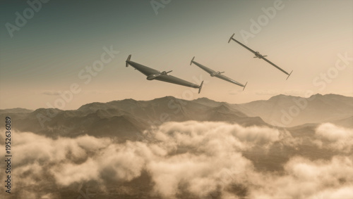 The HESA Shahed 136 is an Iranian loitering munition in the form of an autonomous pusher-prop drone. Drones flying at sunset. Sensitive targets, attack. 3d rendering